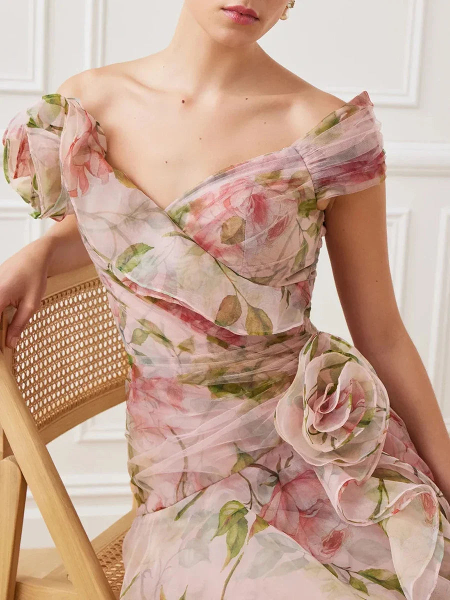 Evening Dresses for Women Sweet Floral Printing Slash Neck Short Sleeve High Waist Spliced Appliques Long Party Dress Female