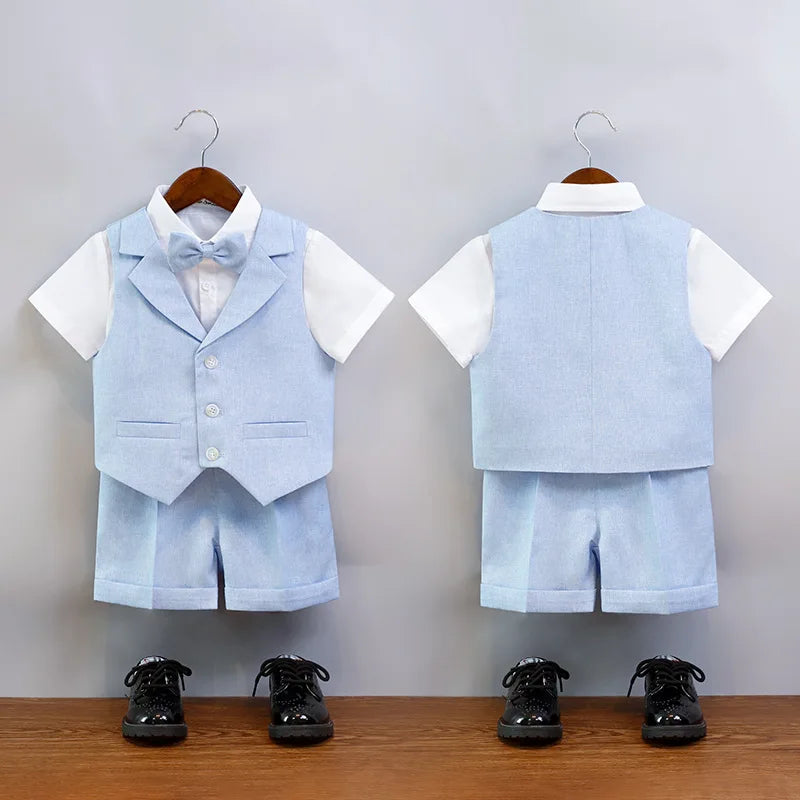 Children's Summer Blue Vest Dress Suit Boy Birthday Party Performance Photography Costume Kids Waistcoat Shorts Bowtie Outfit