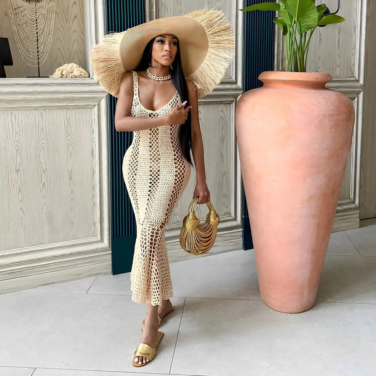 CM.YAYA Women Sleeveless Hollow Out Knit Ribbed Crochet Tank Mermaid Bodycon Midi Dress 2023 Sexy Party Club Vestidos Dresses