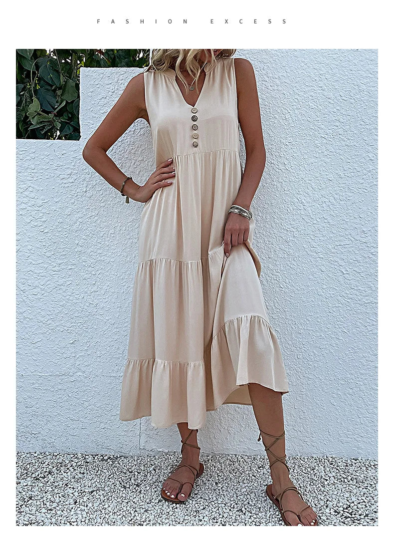Dresses for Women 2025 Summer V-neck Single-breasted Vest Dress Sleeveless Loose Casual Solid Color Dress Vestidos De Mujer