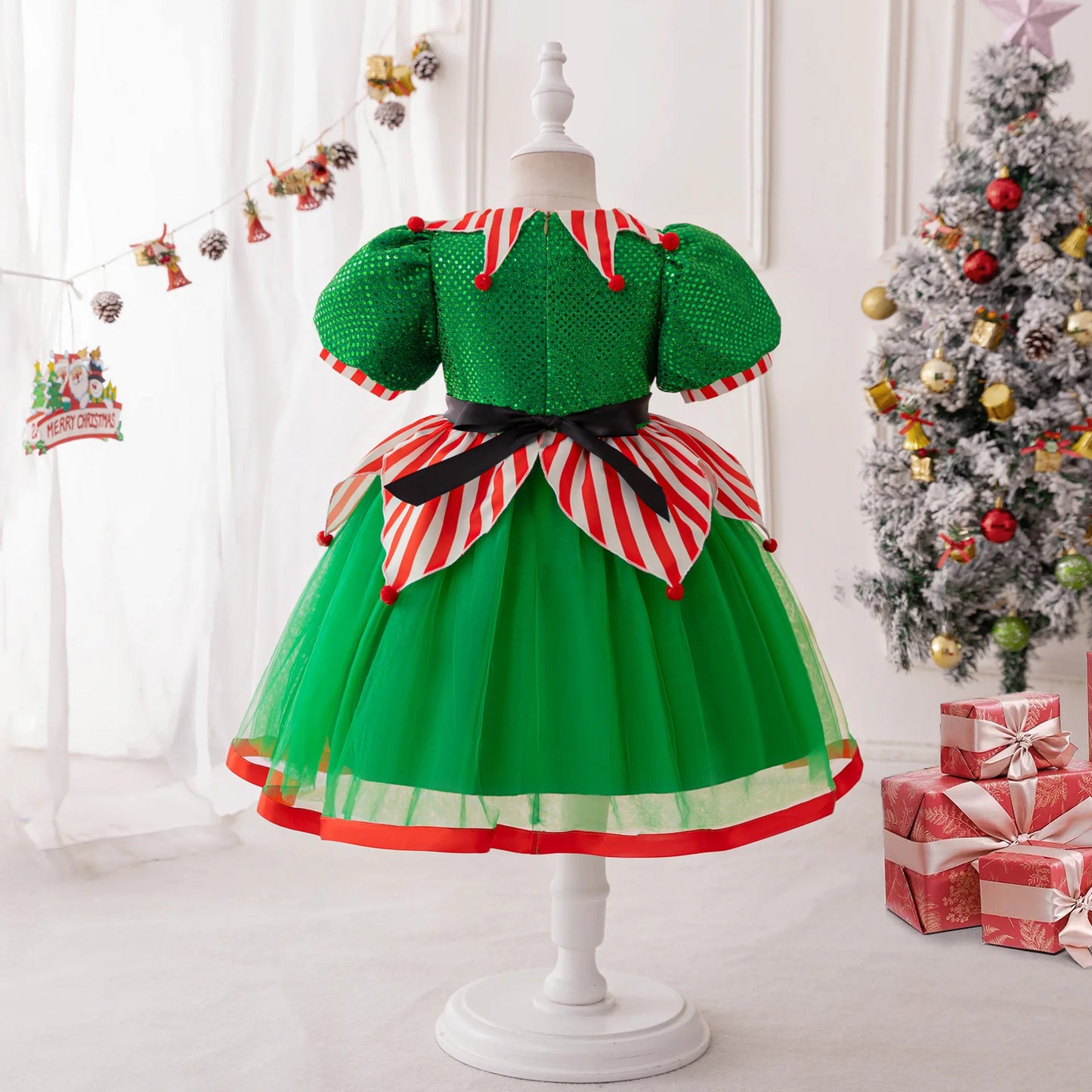 Christmas Dresses Girl Cartoon Print Princess Dress Children Red and Green Sequined Mesh Puff BalL Gown Carnival Clothes