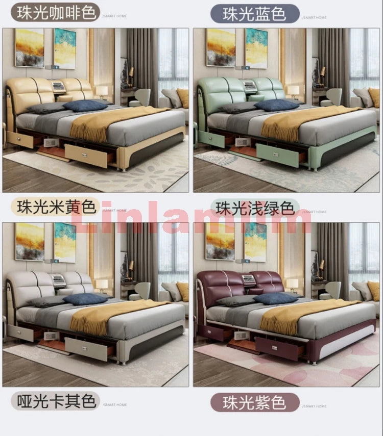 Linlamlim Tech-Smart Multifunctional Bed Genuine Leather Ultimate Camas Tatami Lit with Massage, Projector, Air Purifier,Speaker