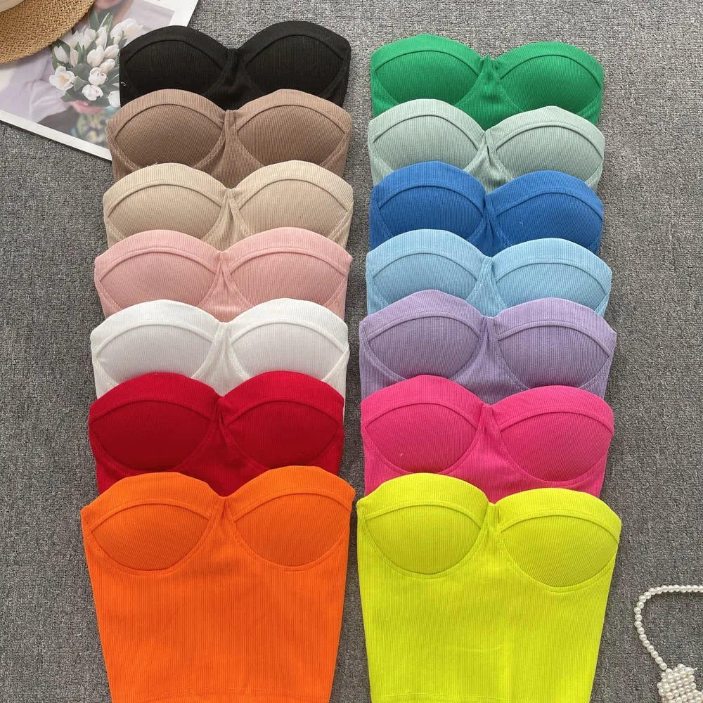 Strapless Western Style Skinny Tanks Camis for Women Summer Casual Solid Colours Female Corset Crop Tube Tops with Built In Bras