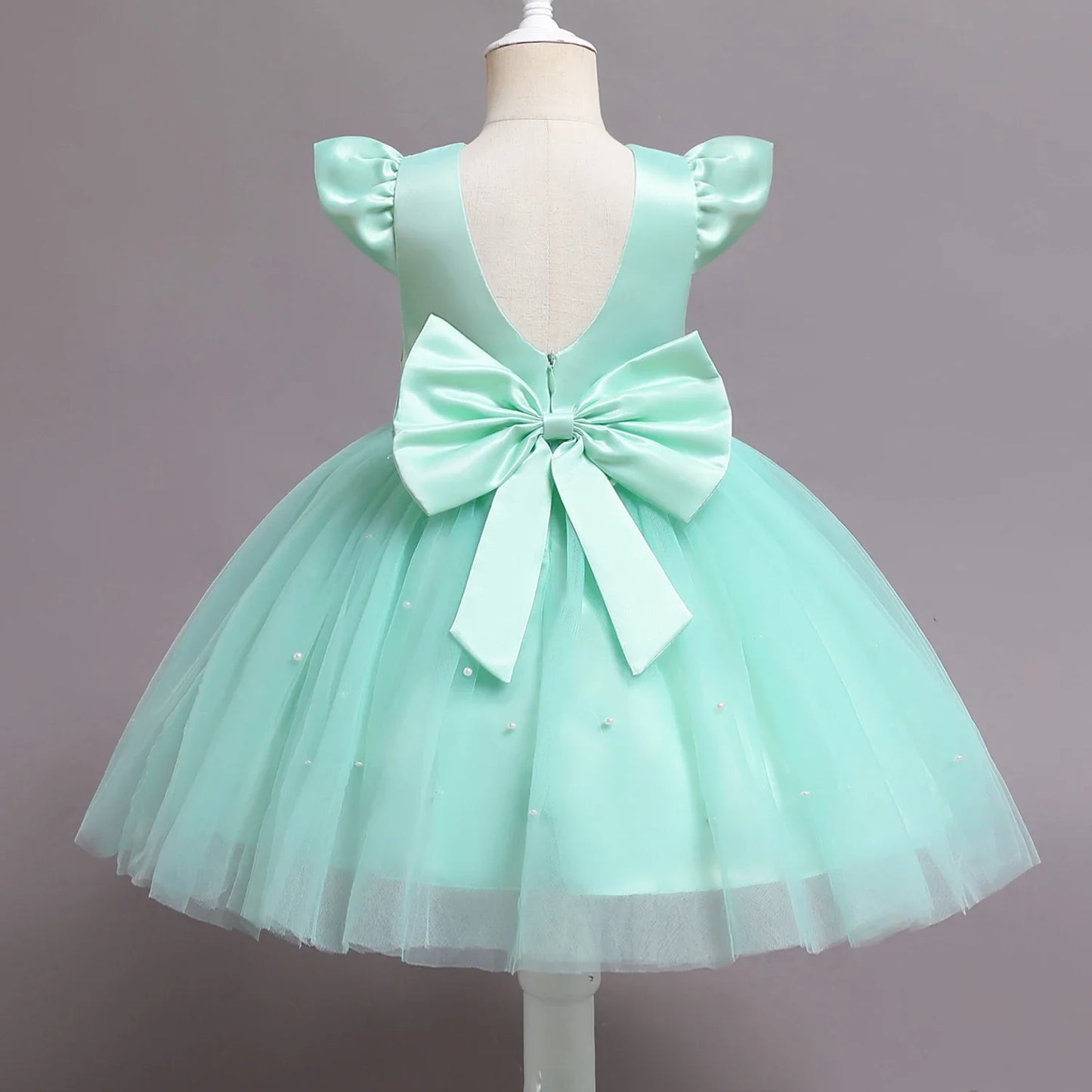 Toddler Girl 1st Birthday Tulle Dress Backless Bow Beading Gown Kids Christmas Wedding Party Princess Dress Baby Girl Dresses