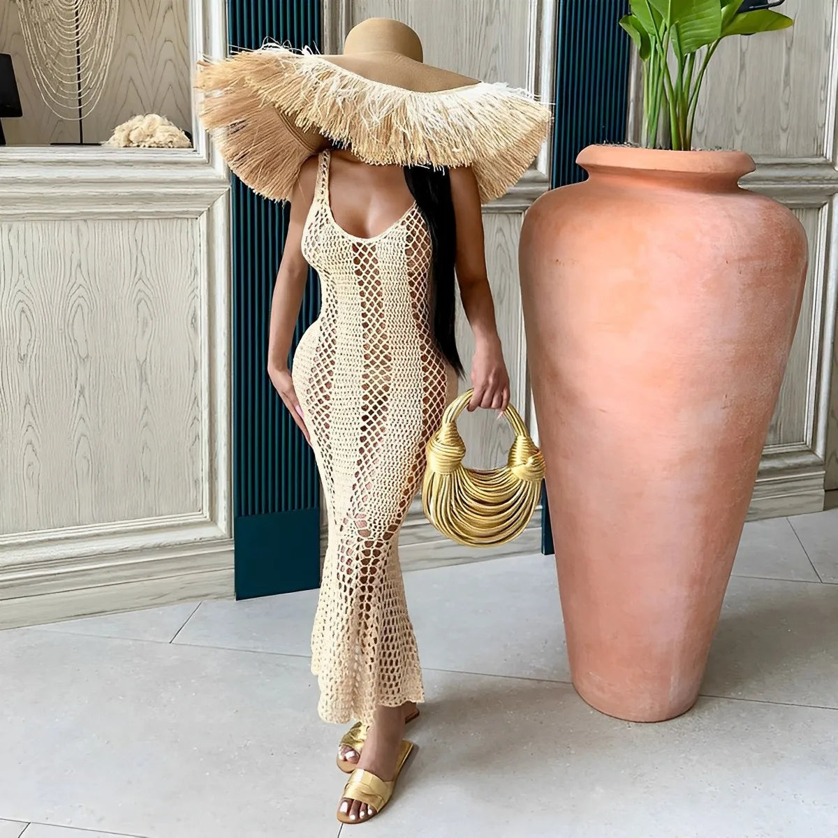 CM.YAYA Women Sleeveless Hollow Out Knit Ribbed Crochet Tank Mermaid Bodycon Midi Dress 2023 Sexy Party Club Vestidos Dresses