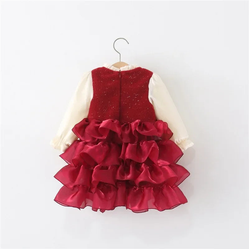Christmas Girls Dress Ruffled Ball Gown Kids Girls Dresses Per Bow Decoration Girls Cake Dresses Kids Party Clothes