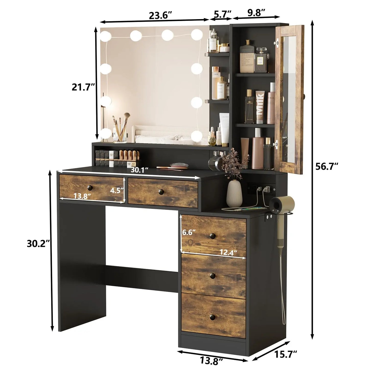 Vabches Vanity Desk with Mirror Lights Makeup Vanity Table with Power Strip&Visible Storage Cabinet Wood 5 Drawer Dressing Table