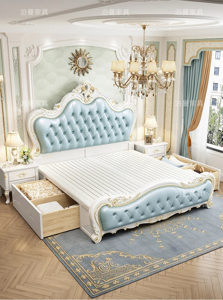 Luxury Couple Bed European Aesthetic Leather Queen Size Princess Bed Storage Space Cama De Casal Luxuosa Modern Furniture
