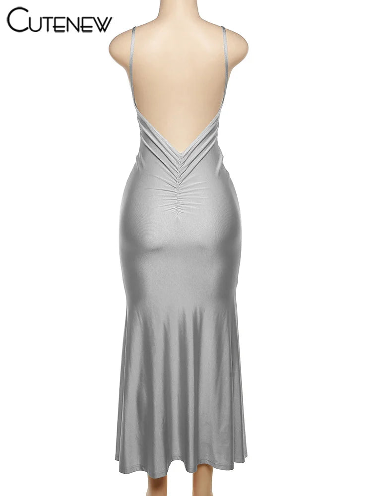 Cutenew Red Shiny Spaghetti Strap Maxi Dress Women Solid Sexy Backless Ruched Cleavage Body-shaping Robe Lady Hipster Streetwear