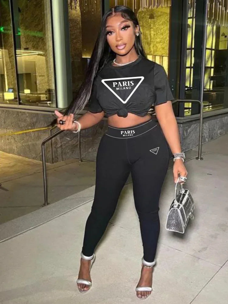 HLJ Fashion Streetwear Women Letter Print Short Sleeve Top And Skinny Pants Two Piece Sets Casual Matching 2pcs Outfits 2023 New