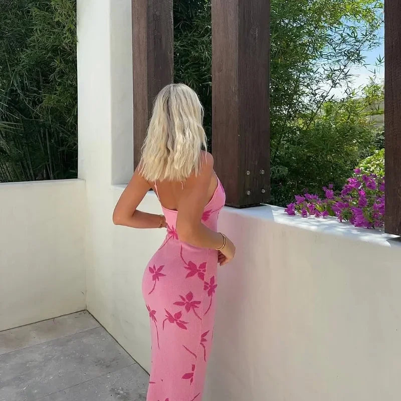 Elegant Sleeveless Long Dress Sexy V Neck Backless Maxi Dresses Women's High Waist Slim Summer Vestidos Lady Printing Robes