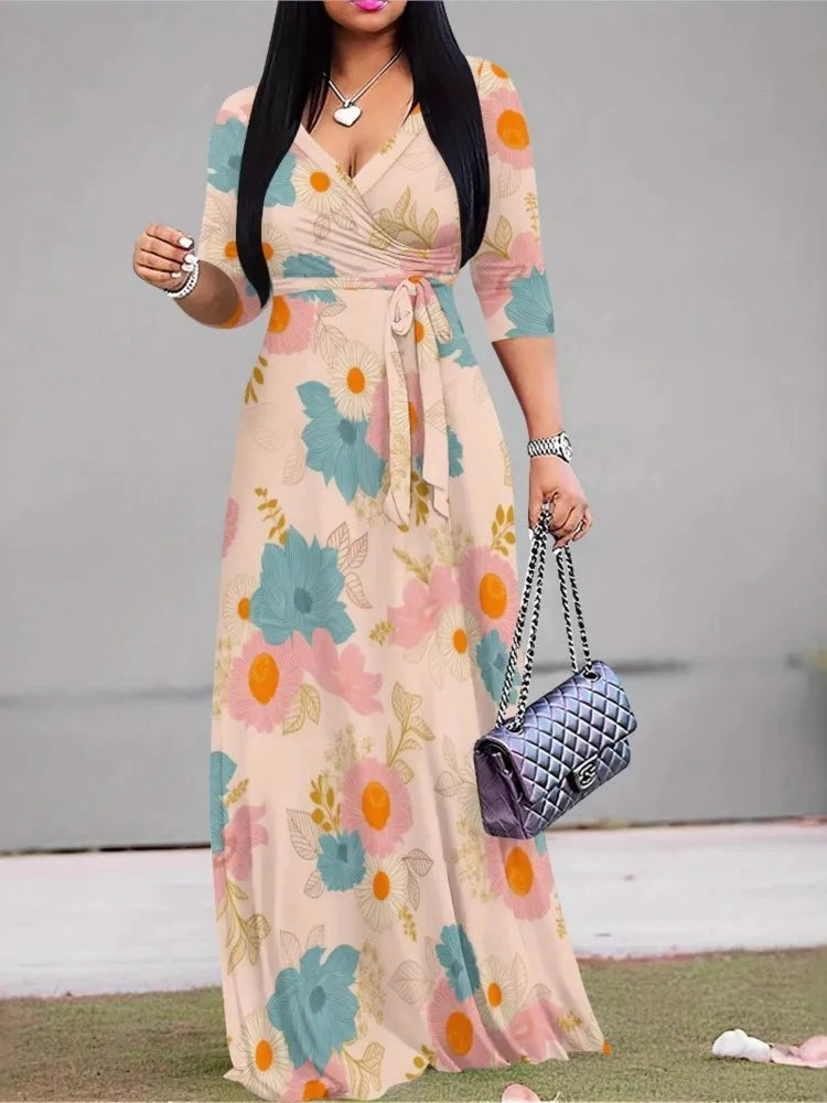 Women's Fashion Print Dress For Women Casual Sexy Deep V Neck Lace-Up Loose Dresses Robe Femme Summer Holiday Womens Clothing