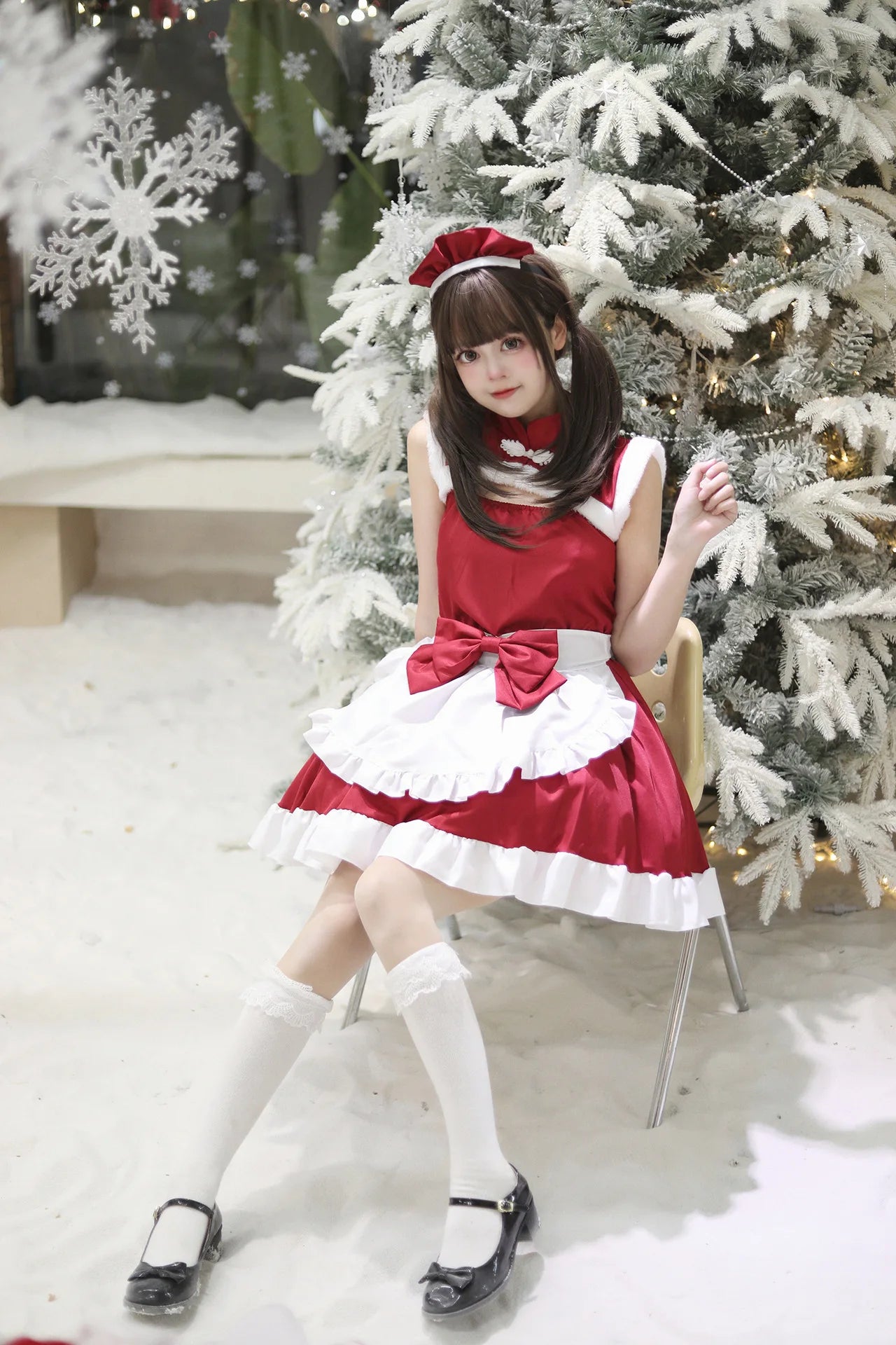 Christmas Maid Dress Girls Suit Red Lolita Cosplay Costume New Year Robe Sleeveless Party Uniform Xmas Clothing
