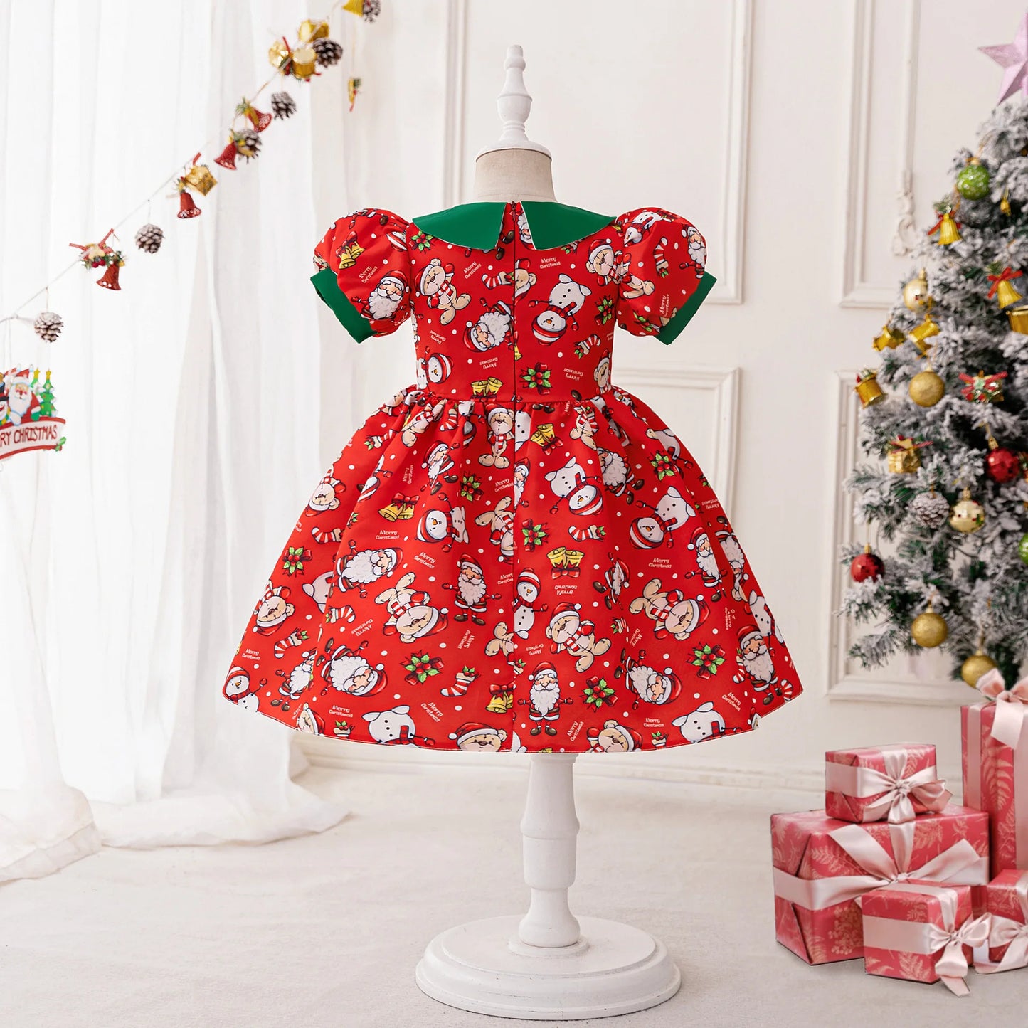Christmas Dresses Girl Cartoon Print Princess Dress Children Red and Green Sequined Mesh Puff BalL Gown Carnival Clothes