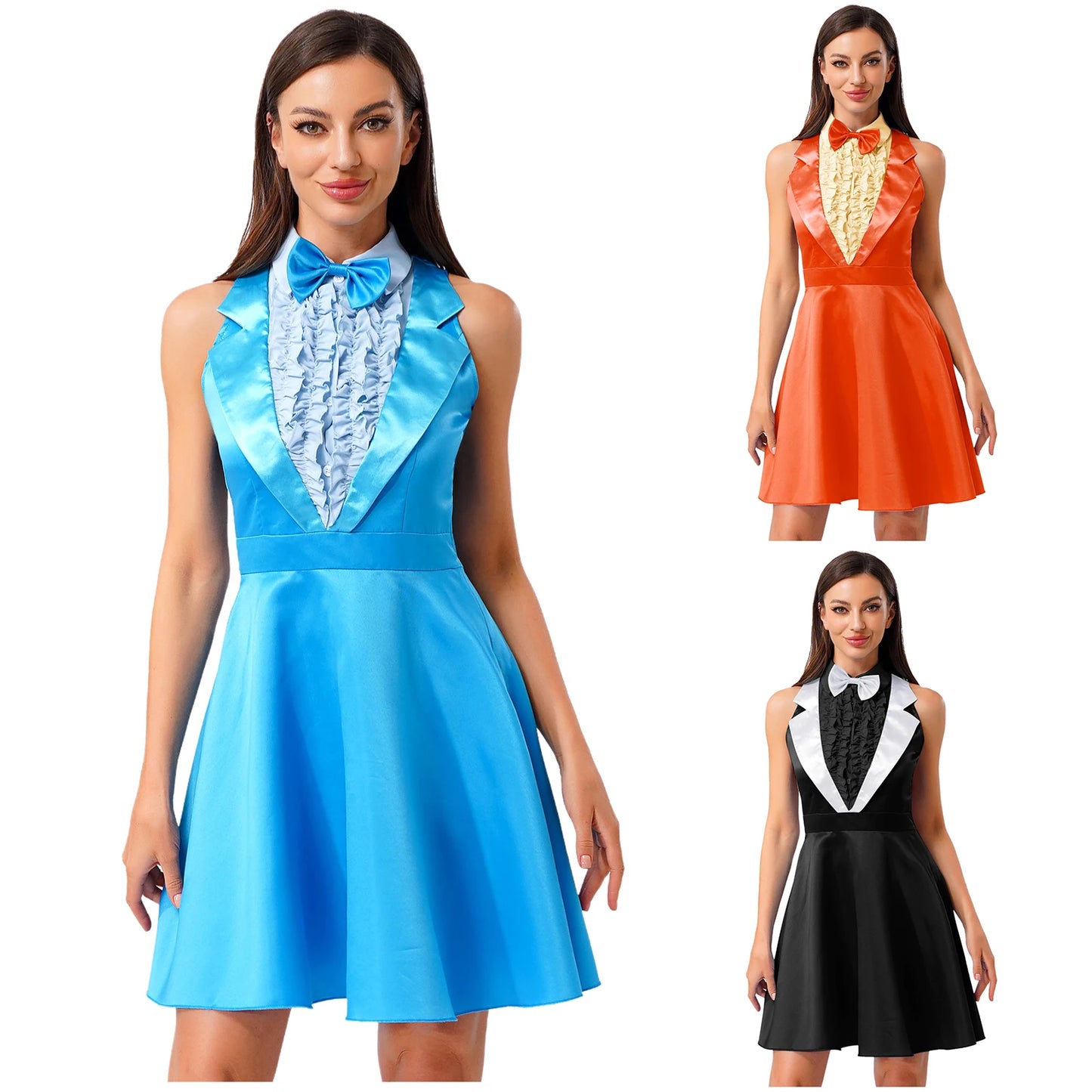 Womens 70s 80s Dumber Maid Dresses Lapel Ruffled Chest A-line Dress And Bowtie Rave Outfits Halloween Waitress Cosplay Costume