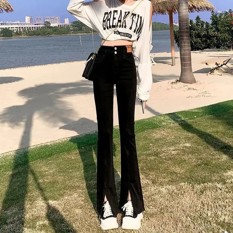 Jeans Woman 2024 Vintage Fashion Trend Luxury Denim Pants High Waisted Elasticity Flare Leggings Korean Black Bell Bottom Jeans