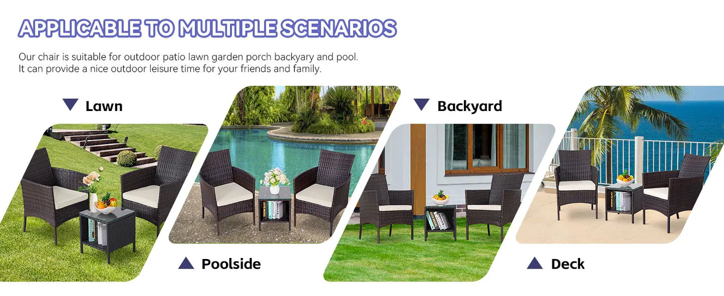 NAGA BAHNA 3-Piece Bistro Set Outdoor Patio Furniture Rattan Chairs Table Soft Cmats Tempered Glass Durable Comfortable Garden