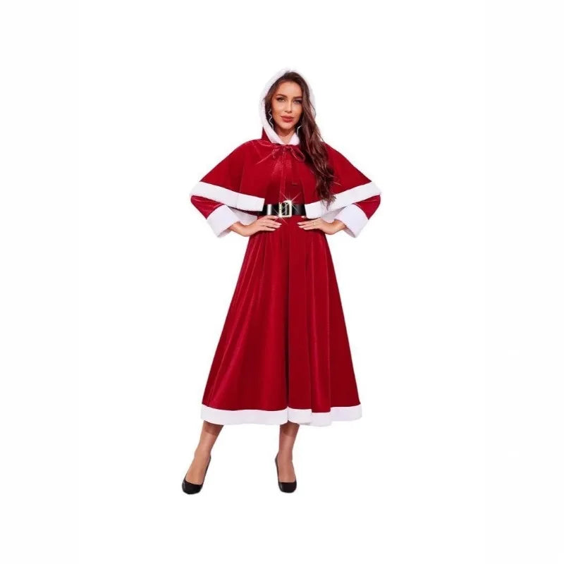 Christmas Themed Performance Dress Red and White Belt Christmas Dress Women Hooded Dress Holiday Party