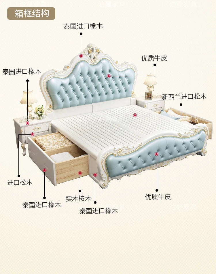 Luxury Couple Bed European Aesthetic Leather Queen Size Princess Bed Storage Space Cama De Casal Luxuosa Modern Furniture