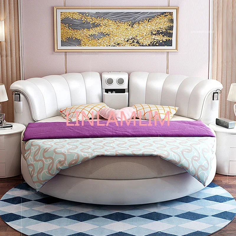 Smart bed frame camas bedroom set furniture кровать двуспальная lit beds round massage  genuine leather bed  + 2 night stands