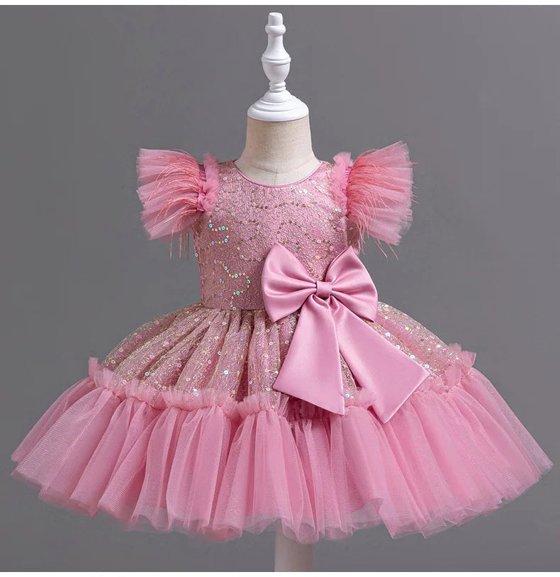 Summer New Girl's Sequin Flying Sleeves Big Bow Mesh Spliced Dress Birthday Party Wedding Flower Girl Princess Dress
