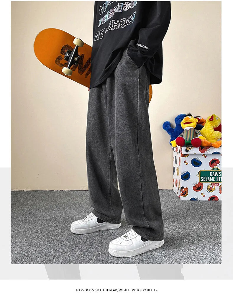 Jeans men's four-season new mopping straight loose wide legs trendy casual handsome comfortable trousers