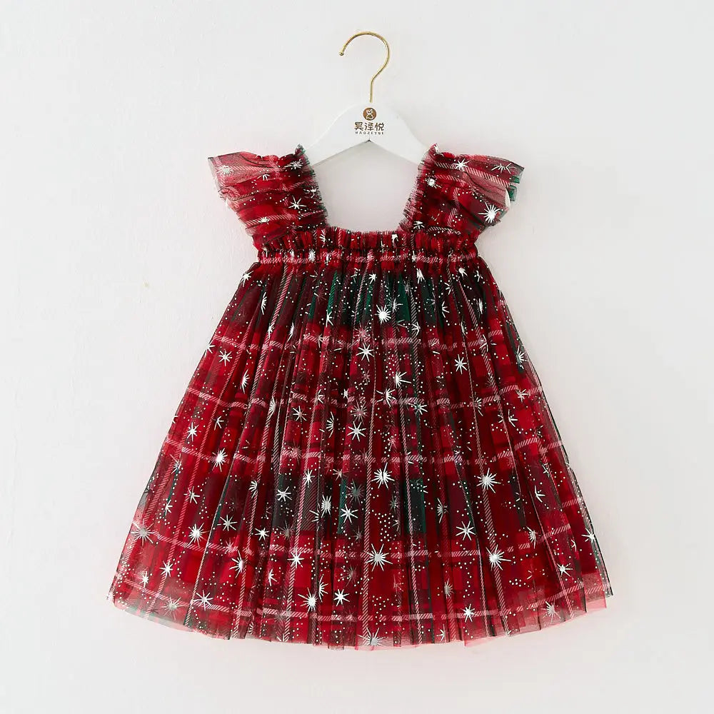 Christmas 2025 Girls Cute Fly Sleeve Star Printed Mesh Puffy Dress Halloween Children Party Photograph Princess Dress 1-6T