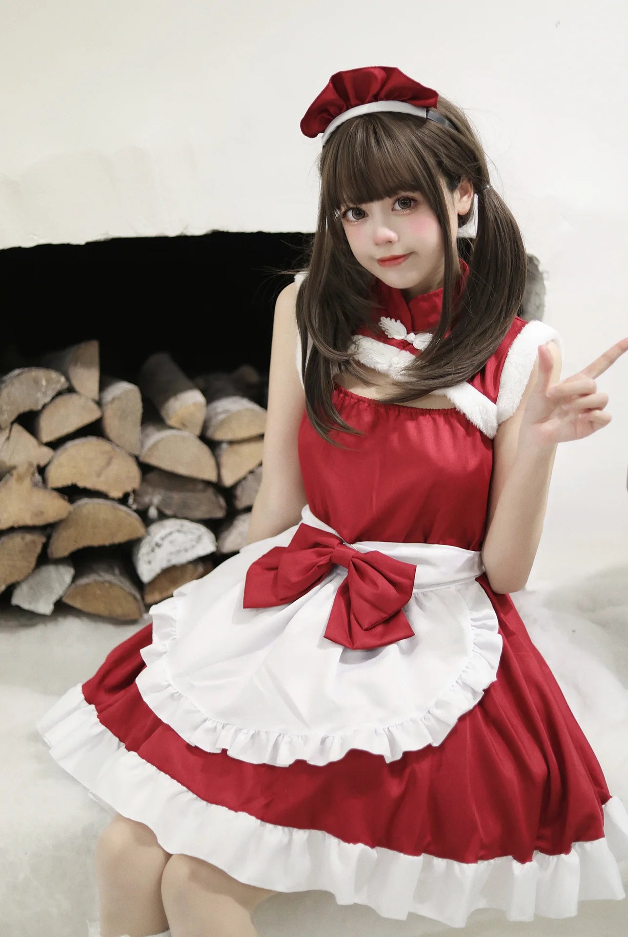 Christmas Maid Dress Girls Suit Red Lolita Cosplay Costume New Year Robe Sleeveless Party Uniform Xmas Clothing