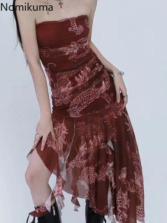 Sexy Dresses for Women 2025 Vestidos De Mujer Tunic Print Sleeveless Backless Robe Femme Fashion Summer Irregular Chiffon Dress