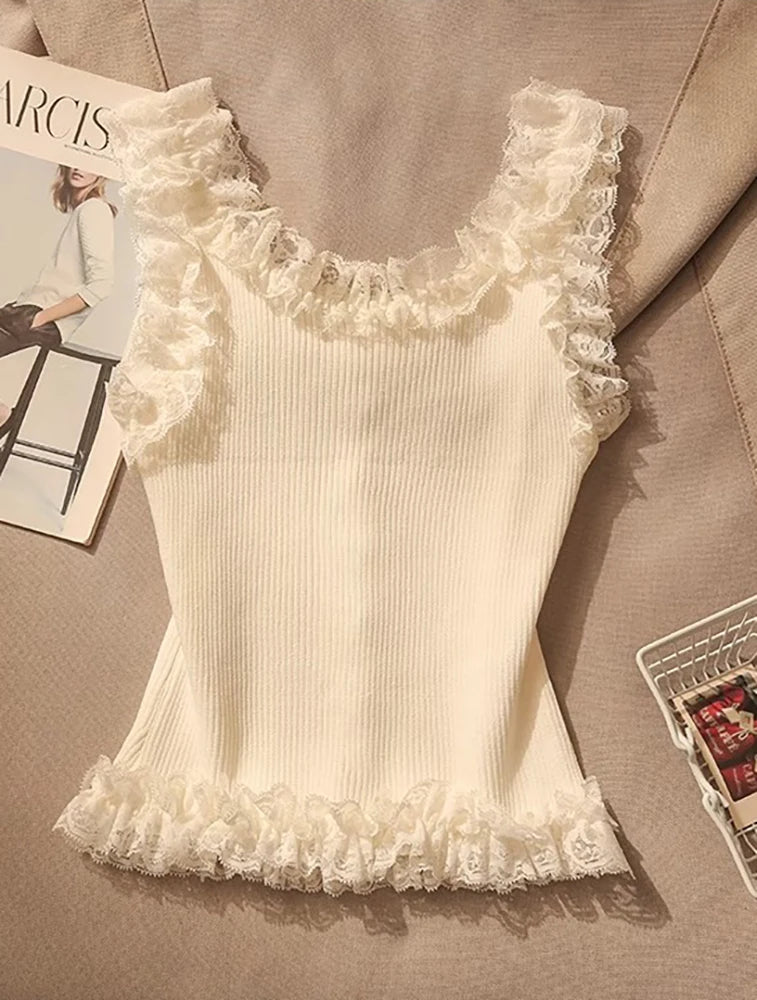 Korean Lace Patchwork Crop Top Women U-Neck Knitted Stretch Tank Top 2025 Summer Female White Lace Stretch Cami