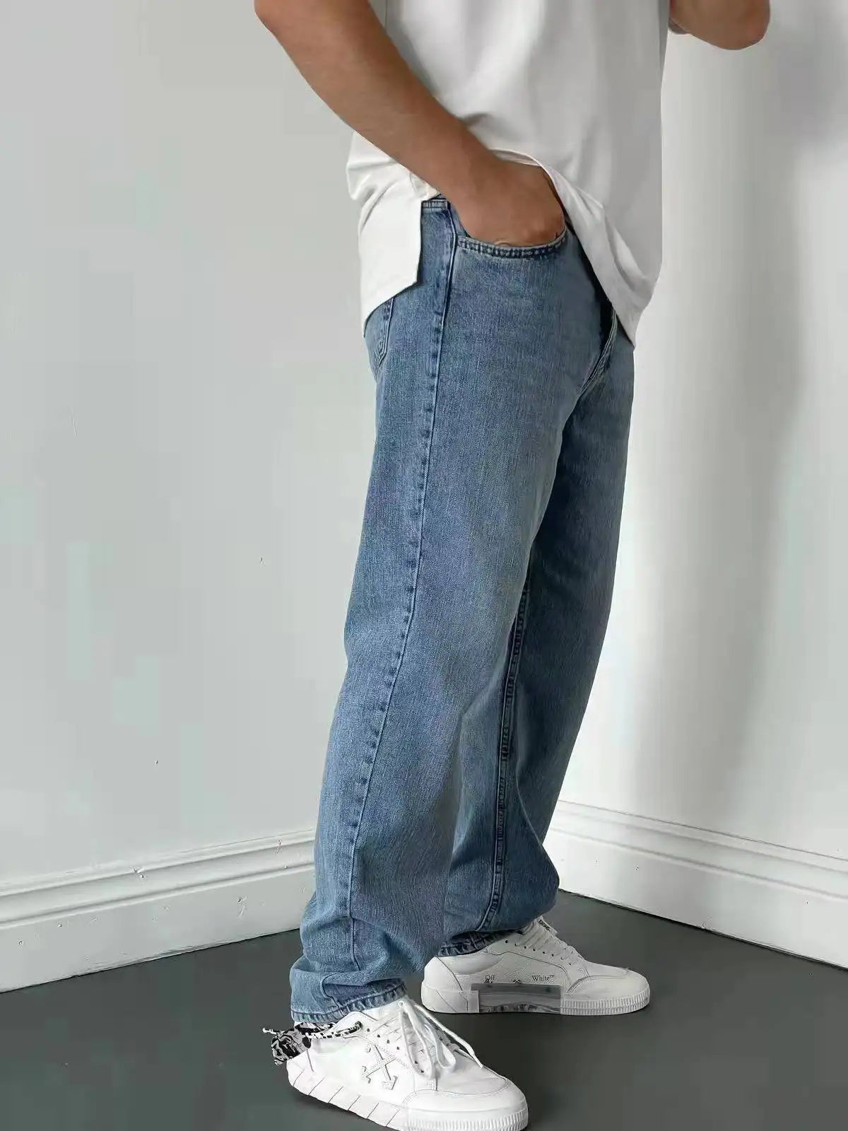 Men Comfortable Straight Casual Jeans Male Soft Baggy Outside Denim Pants Classic Elastic Waist Solid Office Work Denim Trousers