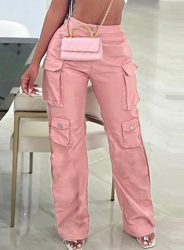 Pink Cargo Pants for Women 2025 Spring Straight Leg Solid Multi-Pocket Design High Waist Pu Leather Loose Baggy Pants Streetwear
