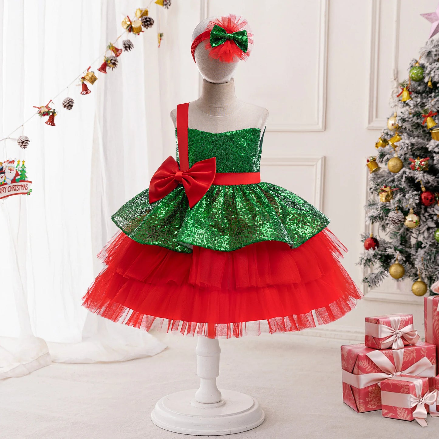 Christmas Dresses Girl Cartoon Print Princess Dress Children Red and Green Sequined Mesh Puff BalL Gown Carnival Clothes