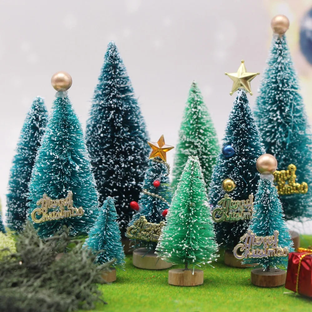 1Pcs "Merry Chrismas" Sisal  Simulation Christmas Tree Miniature Scene  Snowflakes Little Pine Needle Tree Dollhouse Decor