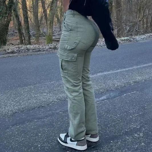 Women High Waist High Elastic Solid Jeans 2023 New Autumn Jeans Women Workwear with Pocket Denim Straight-Leg Pants Cargo Pants