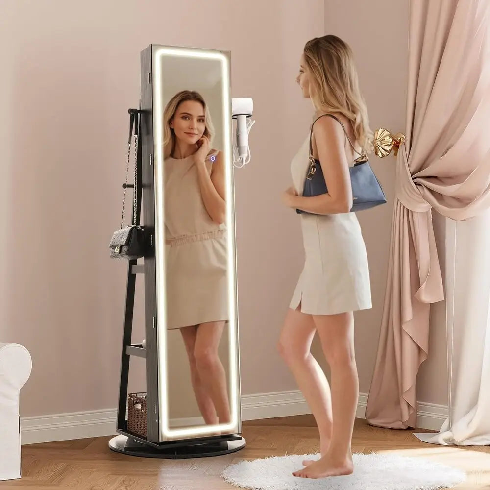 IRONCK LED Mirror Jewelry Cabinet Standing,360° Swivel Lockable Jewelry Armoire with Full Length Mirror and Adjustable LED Light