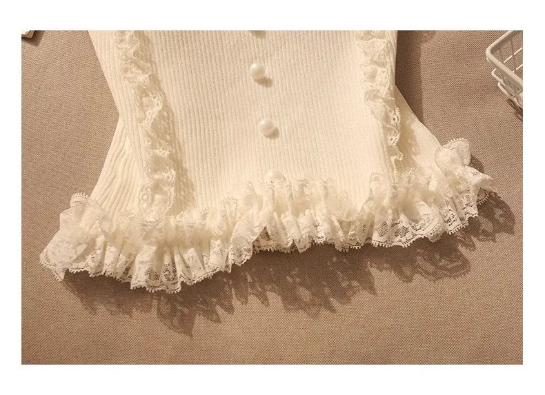 Korean Lace Patchwork Crop Top Women U-Neck Knitted Stretch Tank Top 2025 Summer Female White Lace Stretch Cami