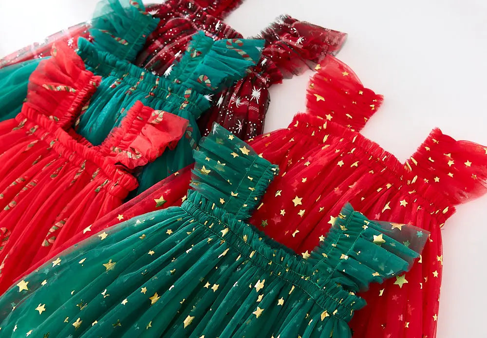 Christmas 2025 Girls Cute Fly Sleeve Star Printed Mesh Puffy Dress Halloween Children Party Photograph Princess Dress 1-6T
