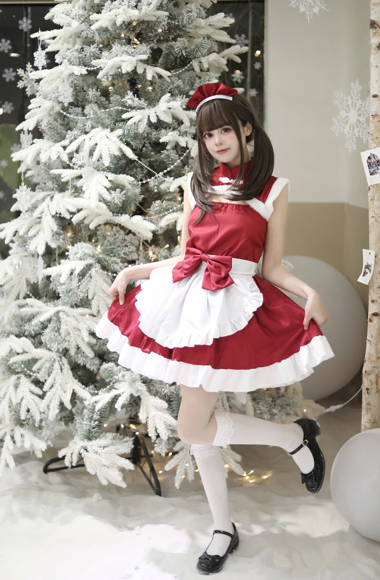 Christmas Maid Dress Girls Suit Red Lolita Cosplay Costume New Year Robe Sleeveless Party Uniform Xmas Clothing