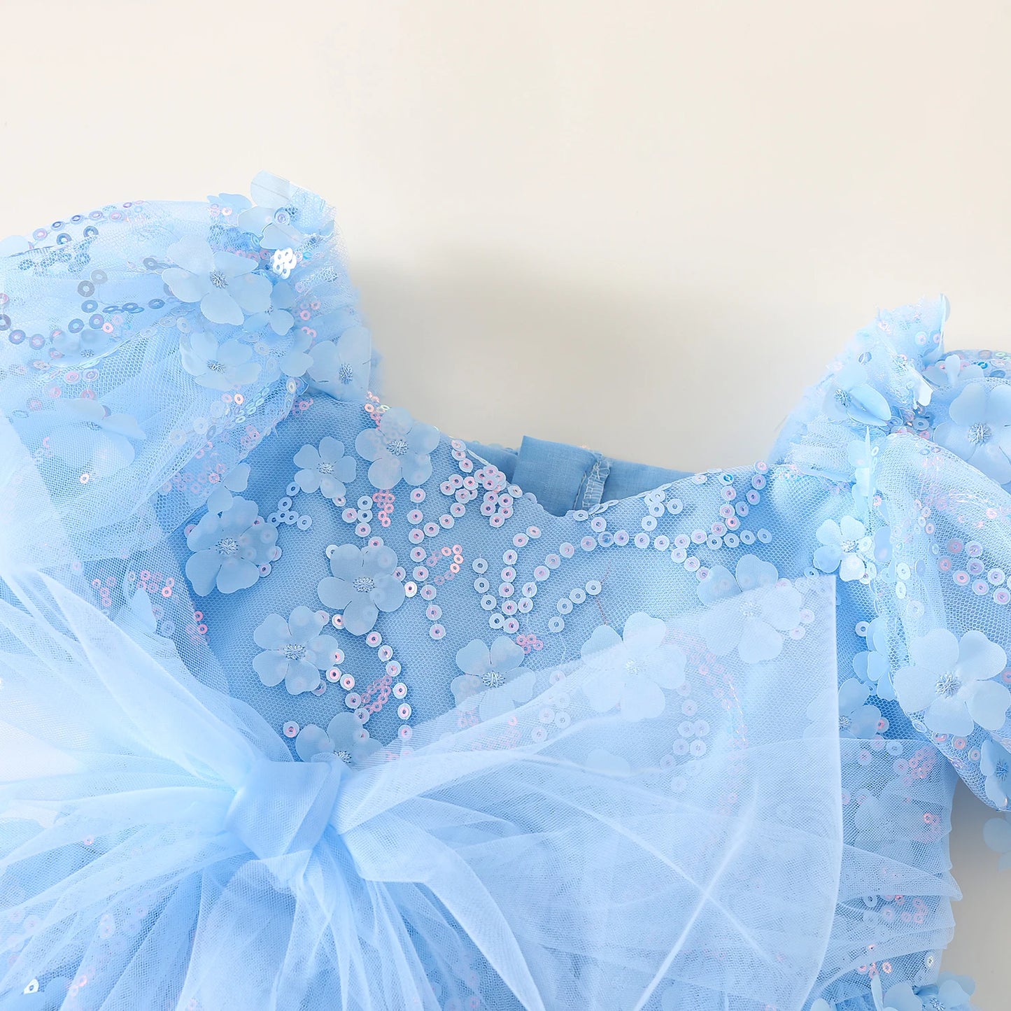 New Summer Teenager Girl's Dress Short Puff Sleeves Square Collar Appliques Large Bow Sequin Mesh Princess Lovely Clothing H7004