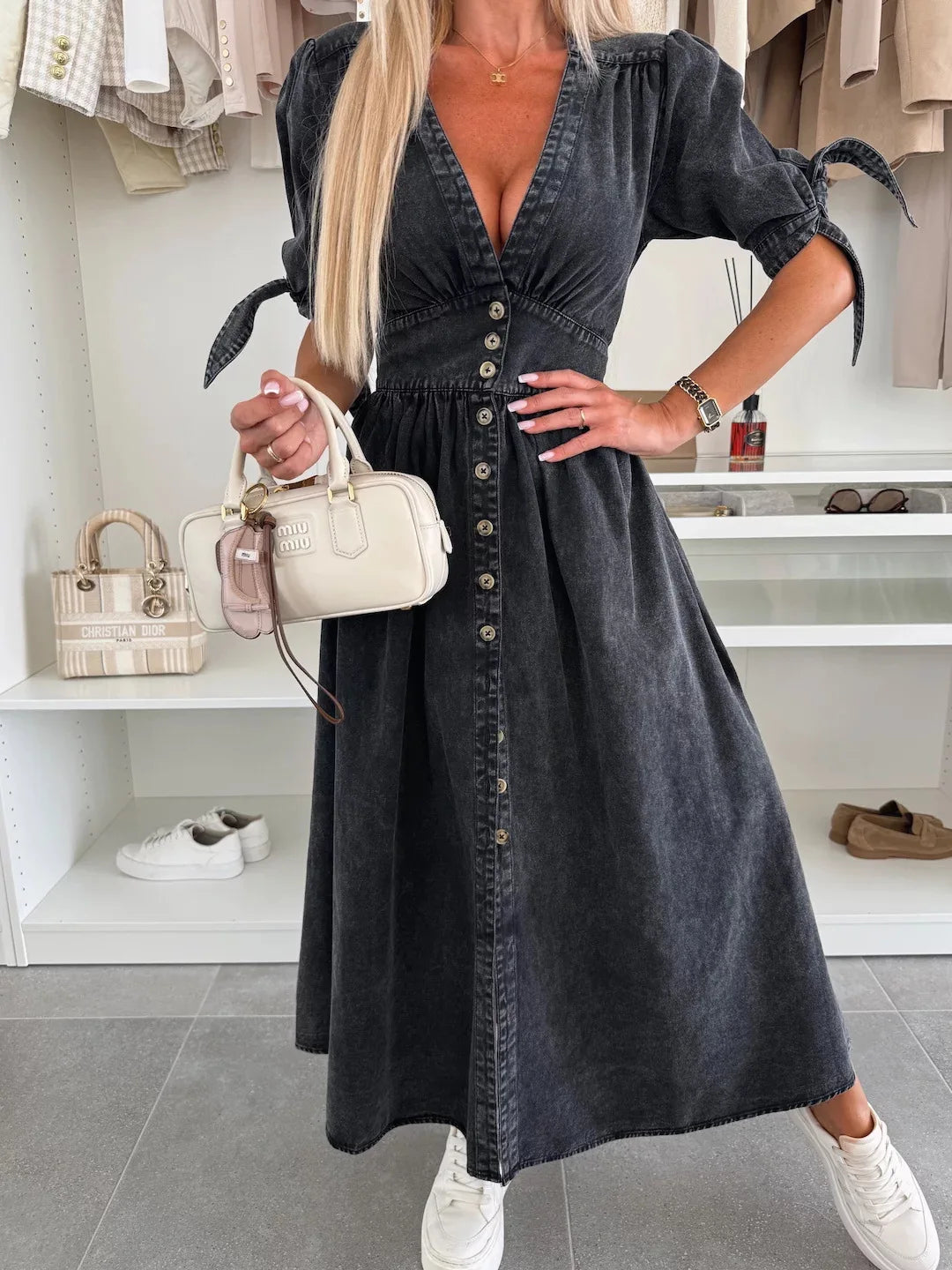Long Dresses for Women Sexy Denim Dress V Neck Single Breasted Lace Up Distressed Vintage A Line Streetwear Female 2025 Vestidos
