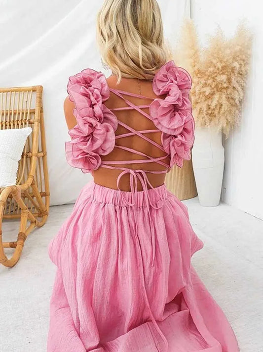 Sleeveless Dresses for Women Elegant Straps Pleated Dress Backless Summer Cotton Linen Dresses High Waist Wholesale Dropshipping