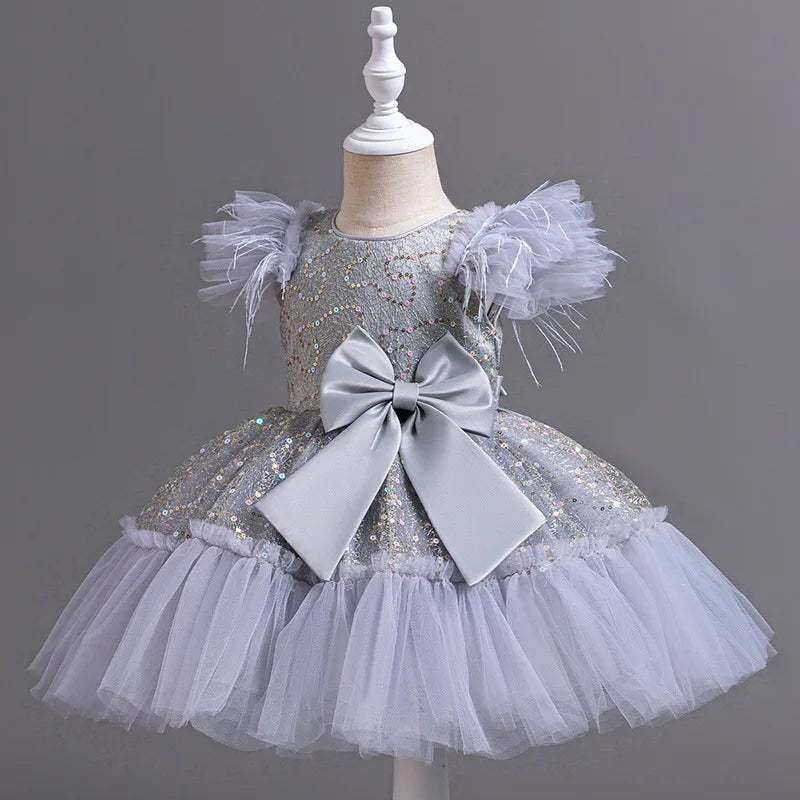 Summer New Girl's Sequin Flying Sleeves Big Bow Mesh Spliced Dress Birthday Party Wedding Flower Girl Princess Dress