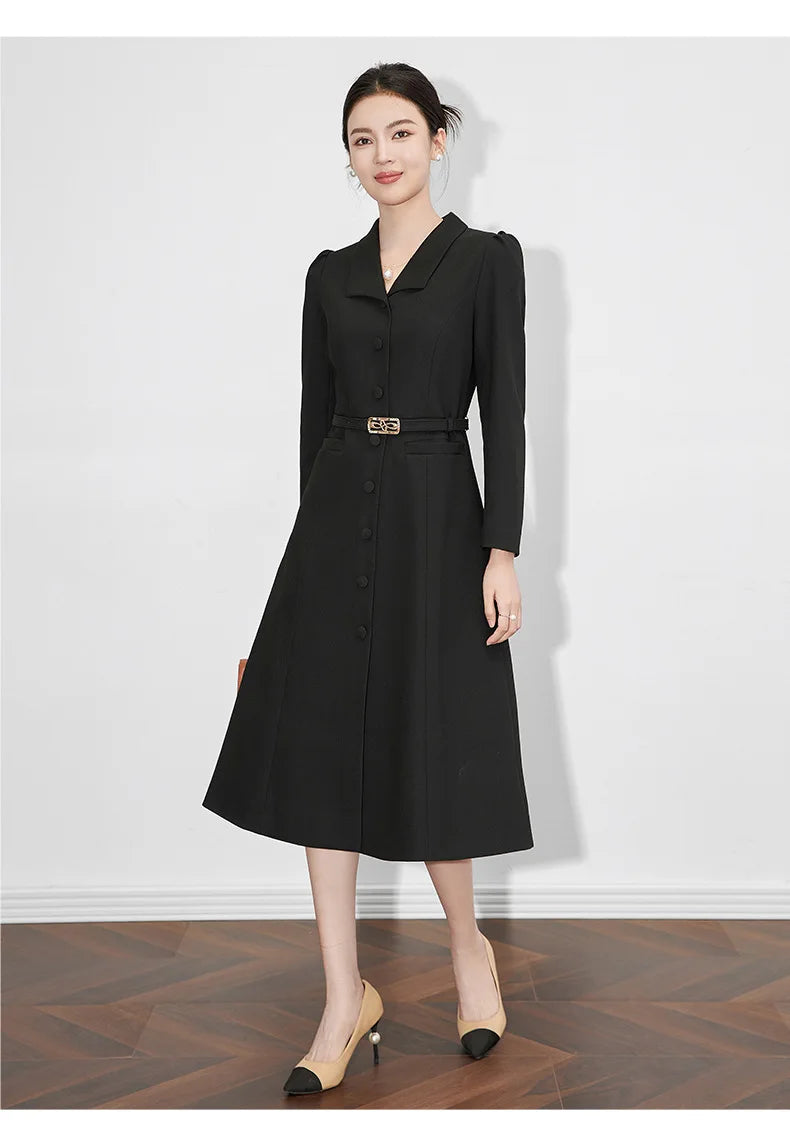 Dresses For Women 2024 Luxury Brand Autumn Long Dress Women's Turn-down Collar Sleeves Single Breasted Sashes Office Lady