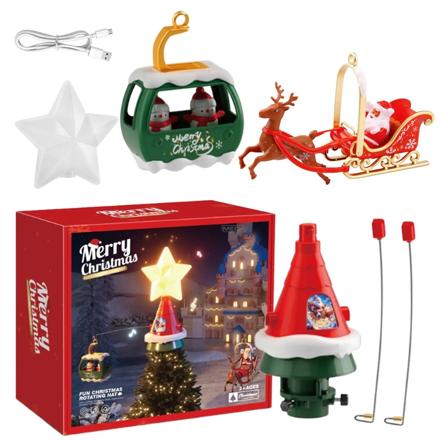 Christmas Tree Topper Rotating Treetop Decoration Tree Topper Ornaments Holiday Winter Party Supplies with LED Light and Music