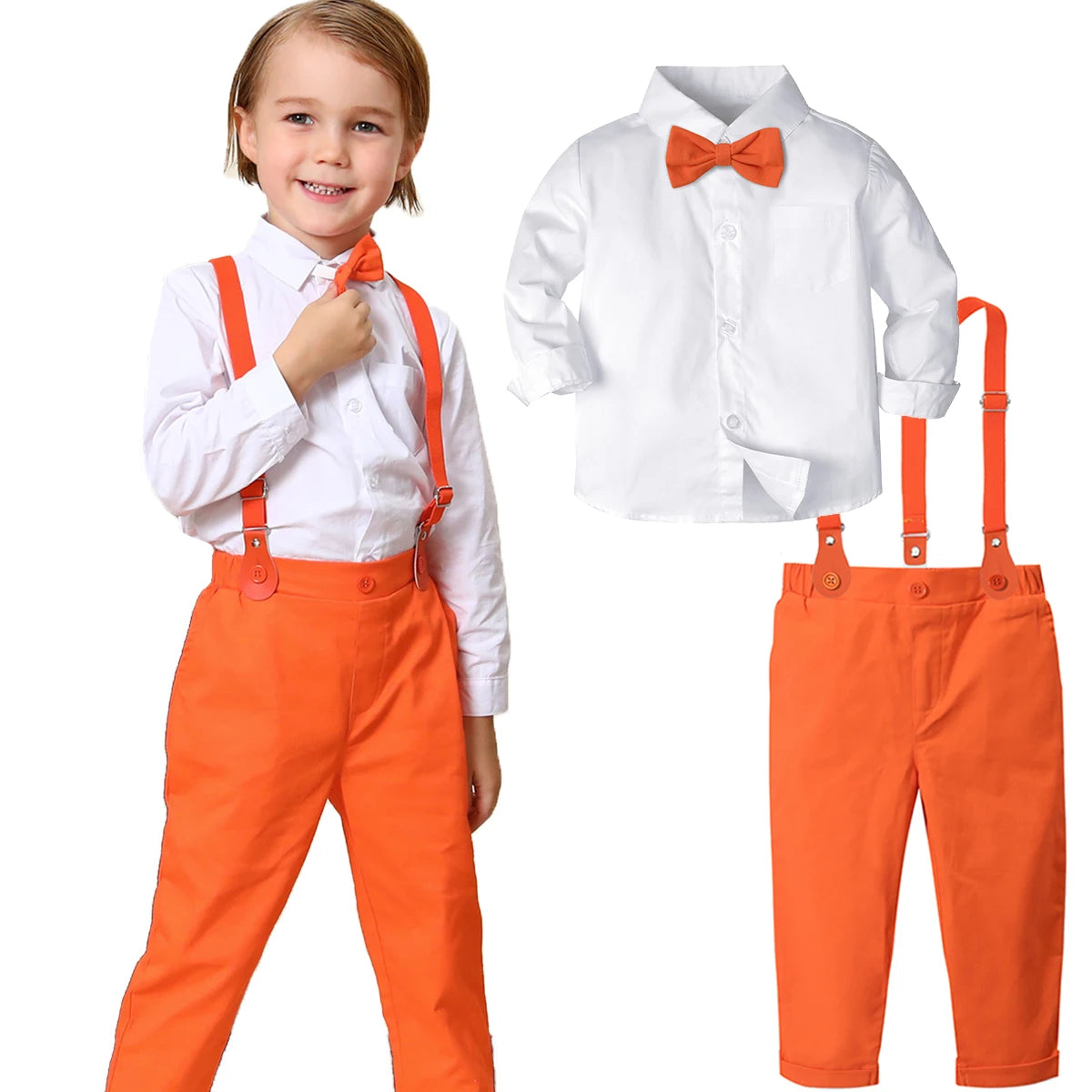 Baby Boy Suit for Kids Easter Gentleman Suspender Formal Wedding Dress Toddler Halloween Outfit White Orange Photography Clothes