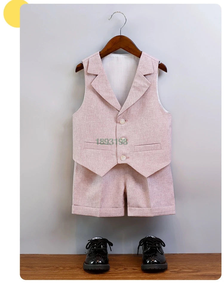 Children's Summer Blue Vest Dress Suit Boy Birthday Party Performance Photography Costume Kids Waistcoat Shorts Bowtie Outfit