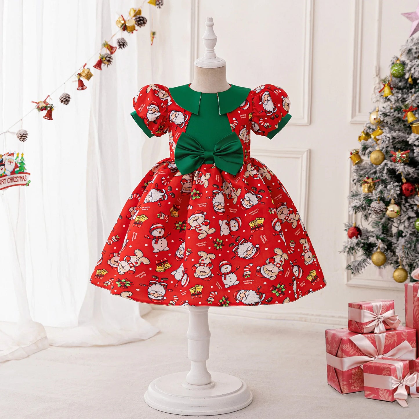 Christmas Dresses Girl Cartoon Print Princess Dress Children Red and Green Sequined Mesh Puff BalL Gown Carnival Clothes