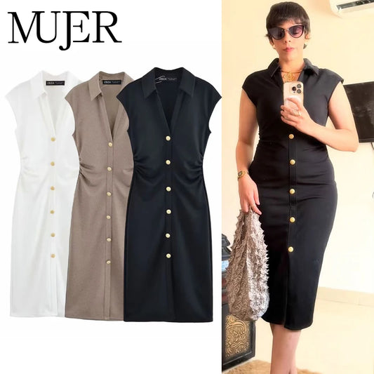 MUJER 2025 Pleated Midi Dresses for Women Sleeveless Shirt Dress Woman White Black Women's Summer Dress Draped Party Dress Women