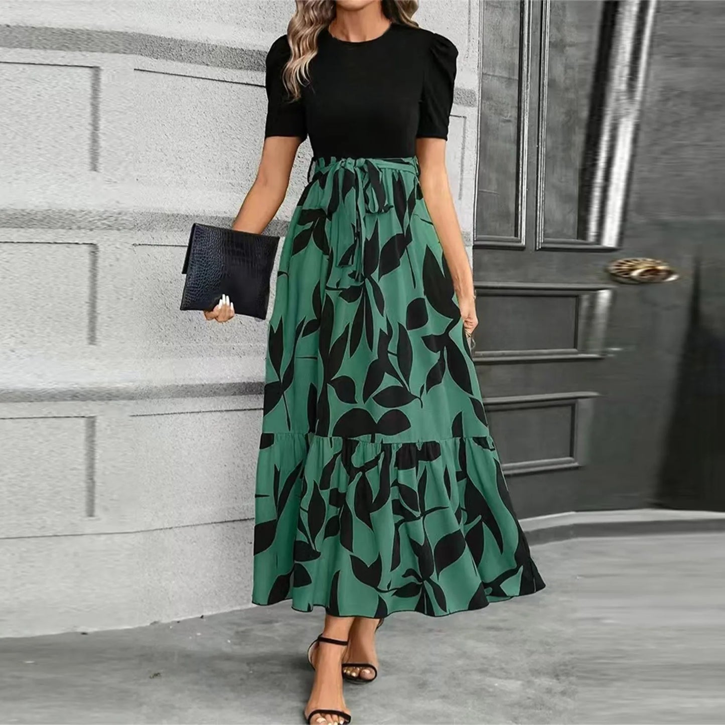 Dresses Elegant Office Lady Outfits A-line Lace-up Slim Fit Waist Ruffle Hem Skirt Women Dress Summer vestidos de mujer casuales